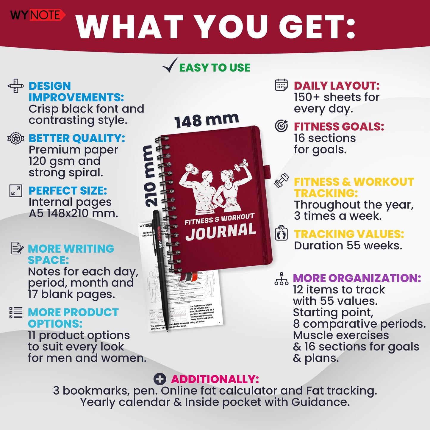 Fitness Journal Burgundy on 150+ Workouts + Yearly Calendar + 55 Tracking Values - A5 Workout Journal with Fat tracking - Planner to 12 items to track + 7 comparative periods + Goals