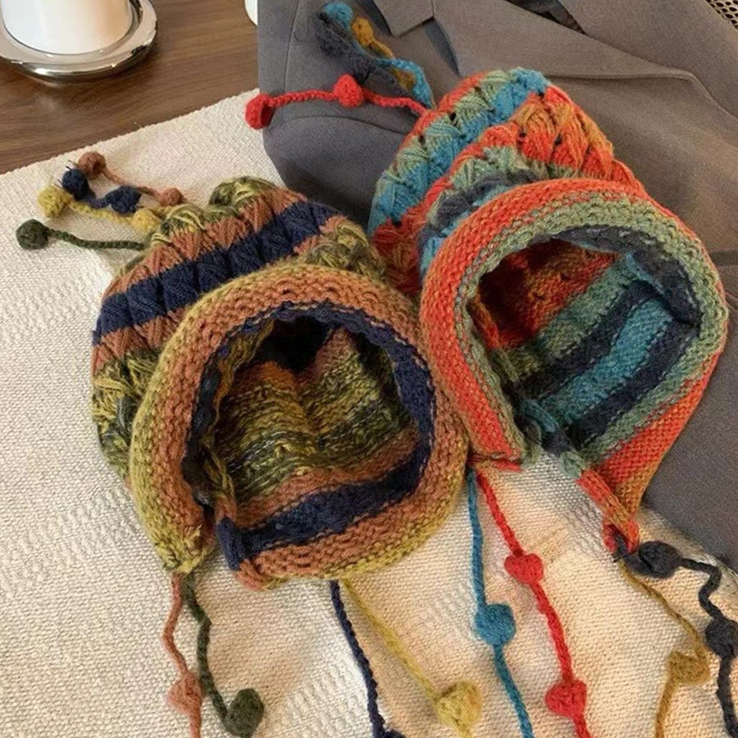 Gudzws Beanie Hat Women Cute Colorful Crochet Knit Cap Ear Flaps with Pom Pom (Yellow)