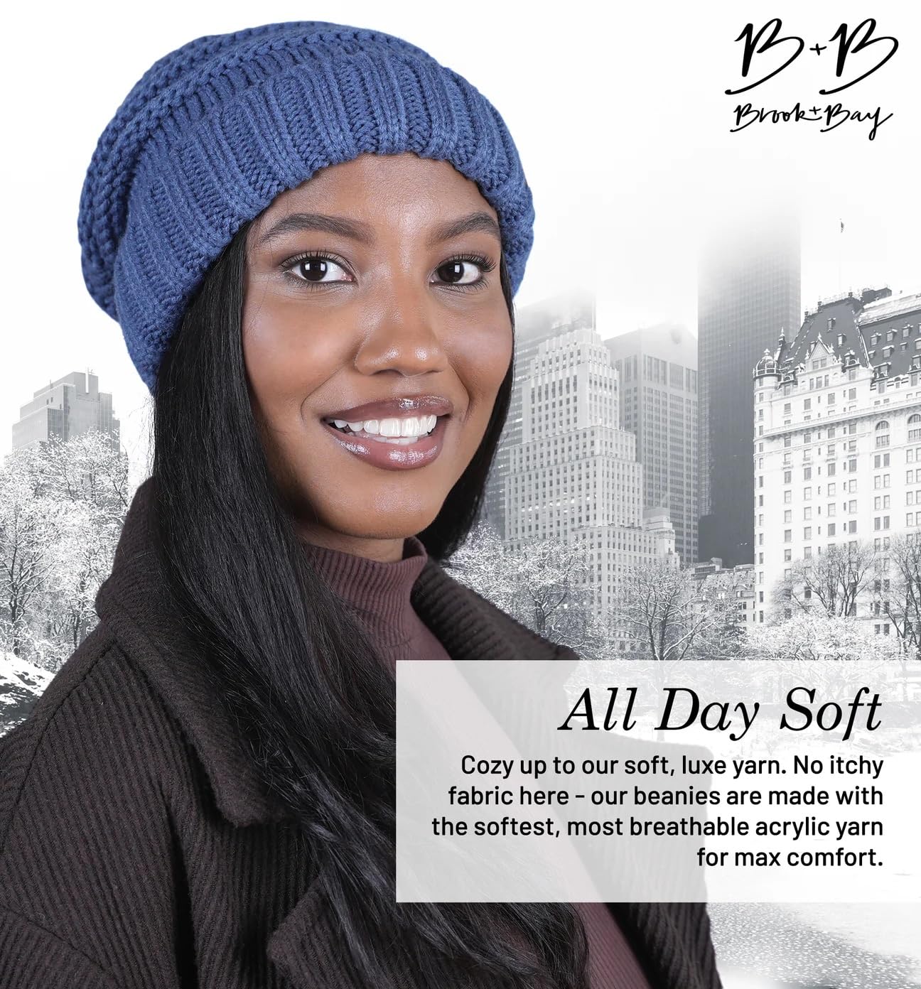 Tough Headwear Brook + Bay Slouchy Beanie, Women's Winter Hats for Cold Weather, Oversized Knitted Hats Denim Blue