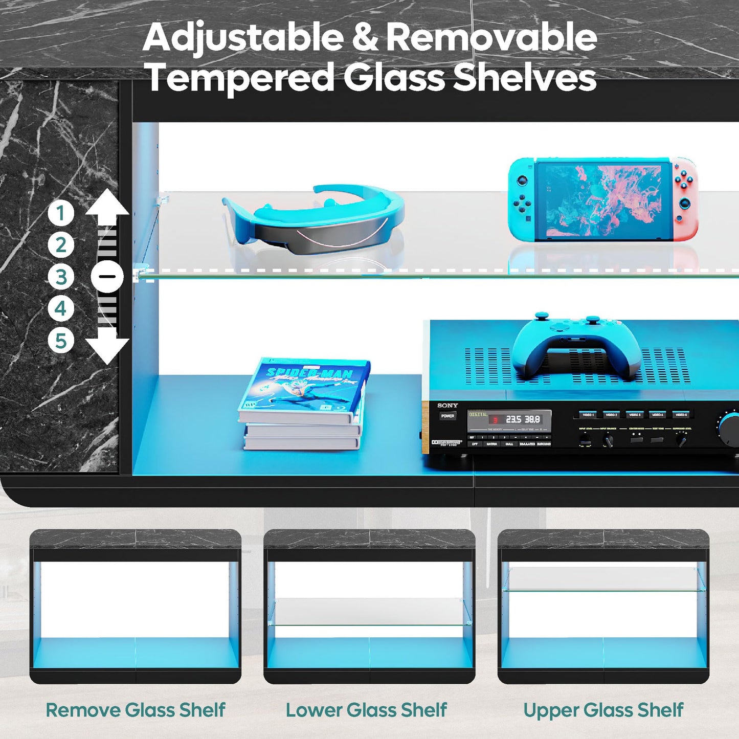 Bestier 57" Gaming LED TV Stand for 55/65 inch TV, Media TV Cabinet for PS5/Xbox Storage, Modern Entertainment Center for Living Room, Adjustable Glass Shelves, Black Marble