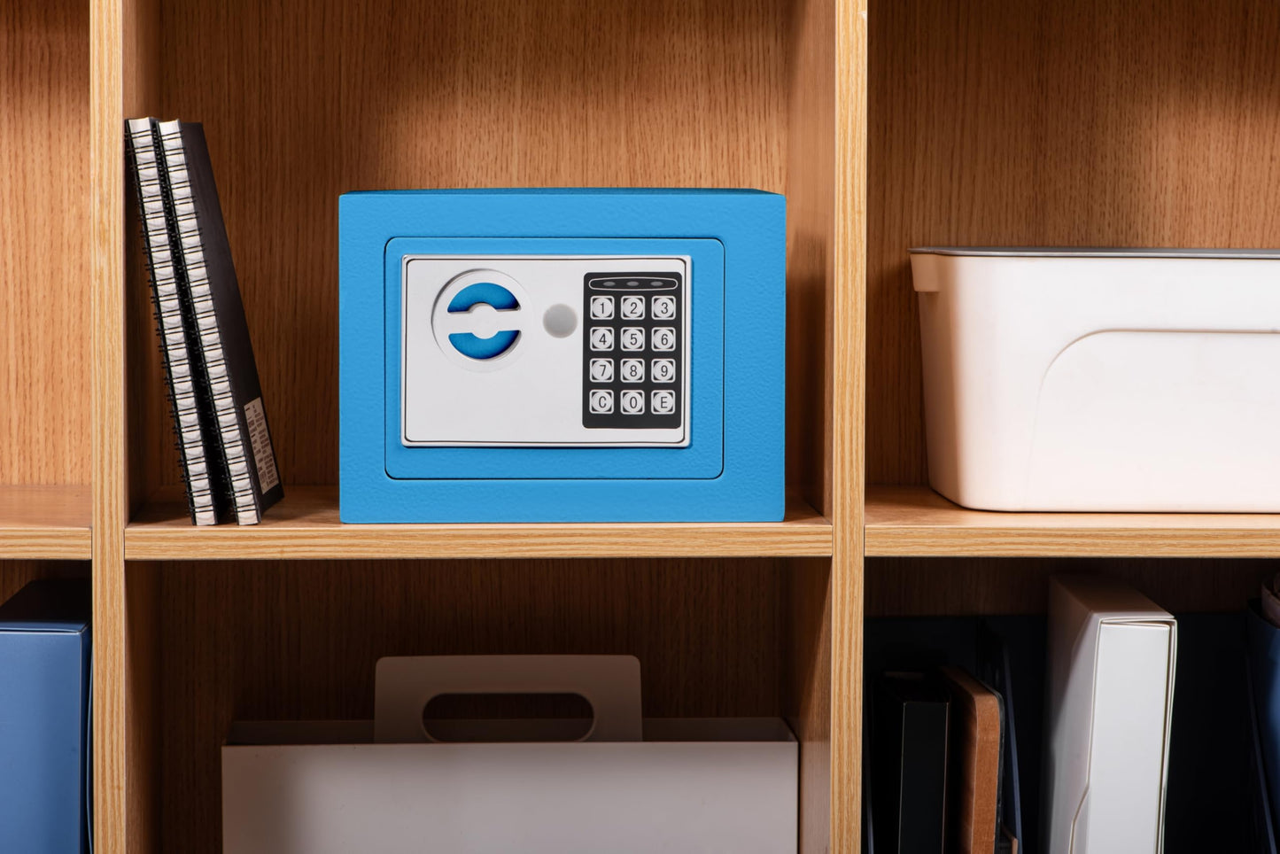 Small Safe Box With Digital Keypad & Keys - 9.05 x 6.7 x 6.7 Inches Wall Safe 0.23 Cuft Mini Security Lock for Money, Cash, Coin, Jewelry - Home Office Hotel Rooms Business (Blue2)