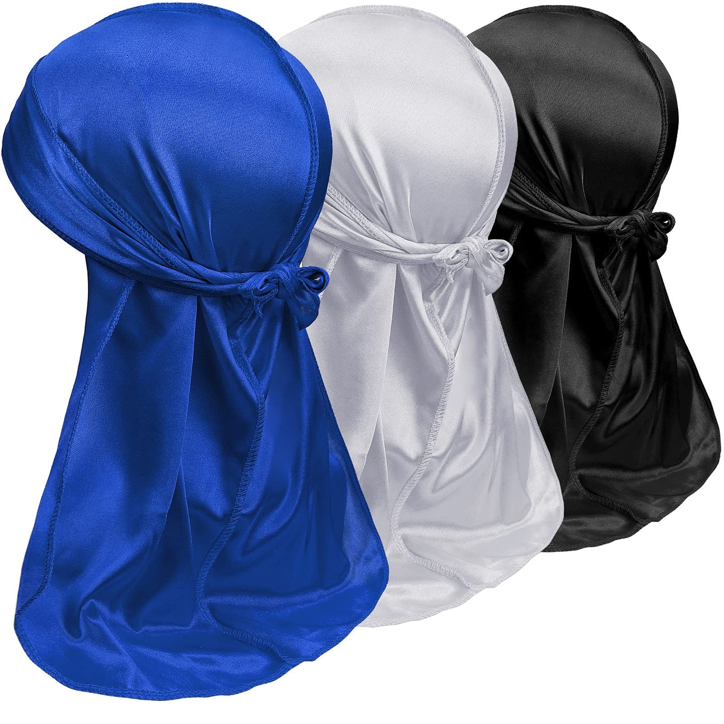 3PCS Silky Durag Pack for Men Waves, Satin Doo Rag for 360 540 720 Waves (Blue+White+Black)
