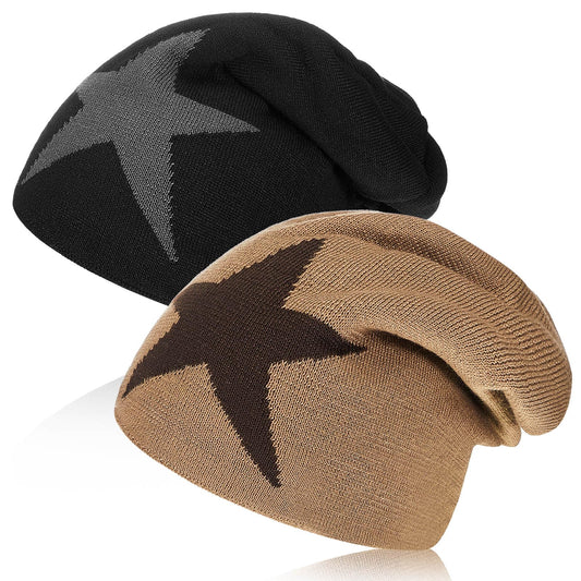 Chuarry 2 Pcs Y2k Hat Grunge Accessories Vintage Goth Graphic Knitted Slouchy Beanies Winter Warm for Men Women Black, Khaki
