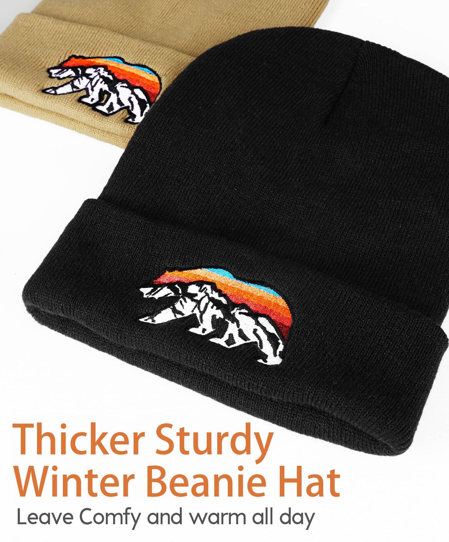 Pnkvnlo Knit Winter Beanie Hats for Men Women Cuffed Skull Cap with Mountain Embroidery Outdoor Christmas & New Year Gifts