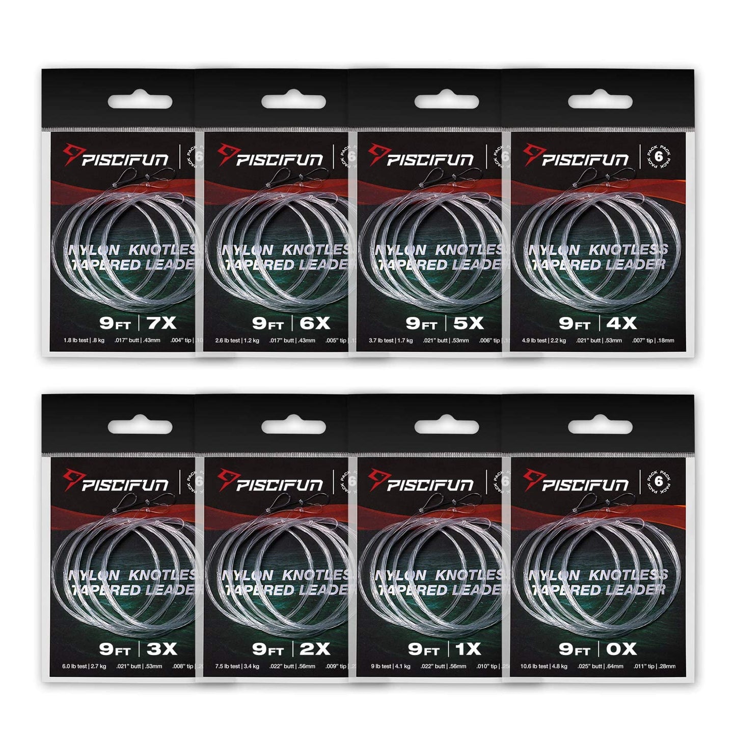 Piscifun Fly Fishing Leader with Pre-Tied Loop, Tapered Fly Line Leader, Nylon, Clear, 7.5ft, 6 Pack, 6X