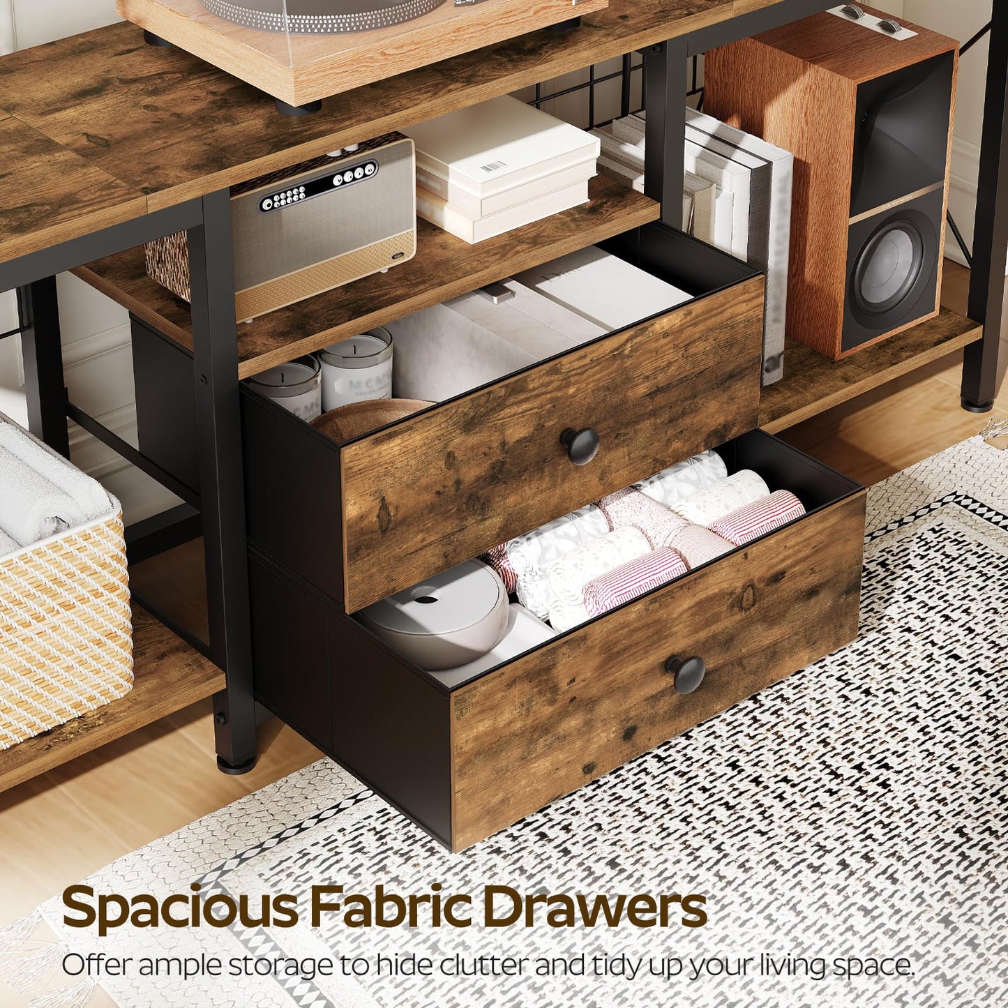 YATINEY TV Stand with Power Outlet Up to 60 Inch, Entertainment Center with 2 Fabric Drawers, TV Console Table with Open Storage Shelves for TVs, Cable Management, for Living Room, Bedroom, DS14UBRY1