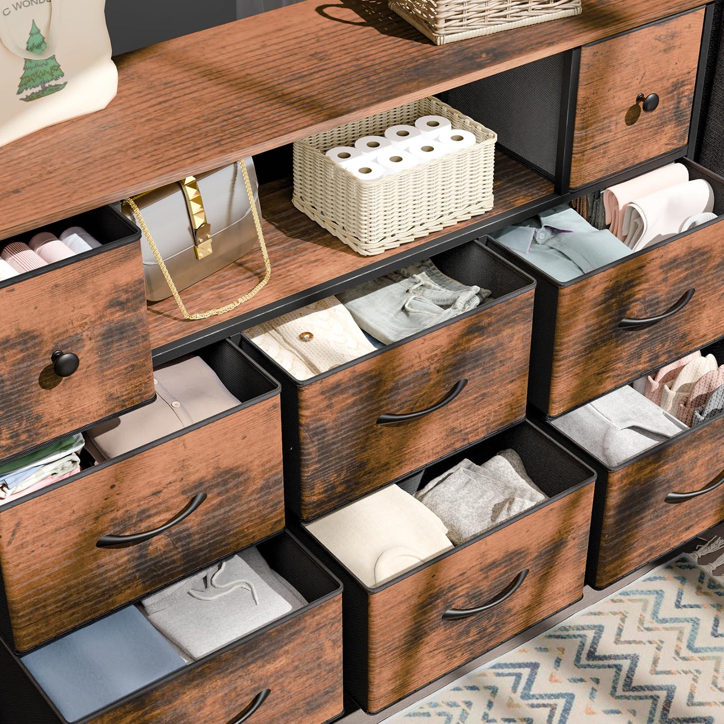 Fixwal TV Stand Dresser for Bedroom with Storage and LED Lights, Rustic Brown 55" TV Stand with 8 Drawers, Fabric Chest of Drawers with Wood Grain Finish for Entryway