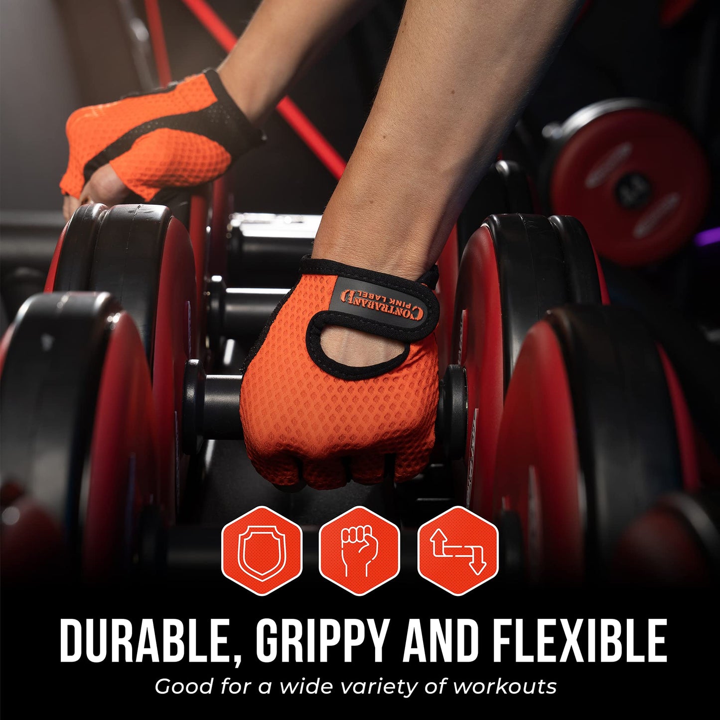 Contraband Pink Label 5307 Womens Designer Workout Gloves | Low Sweat Diamond Mesh Fabric w/Grip-Lock™ Silicone Palm (Orange, X-Small)