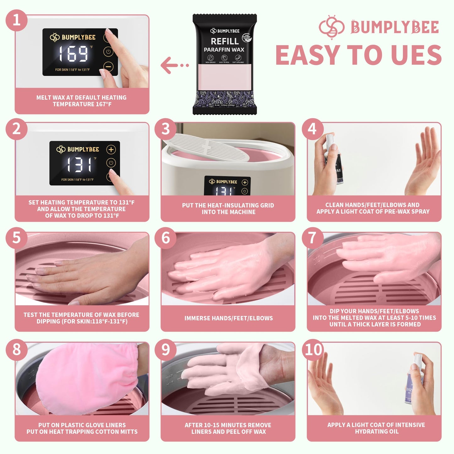 BUMPLYBEE Paraffin Wax Kit - 10 Packs Peach Scent Refills With Silicone Brush for Hands and Feet - Skin Moisturizing, Non-Greasy, Easy-Peeling