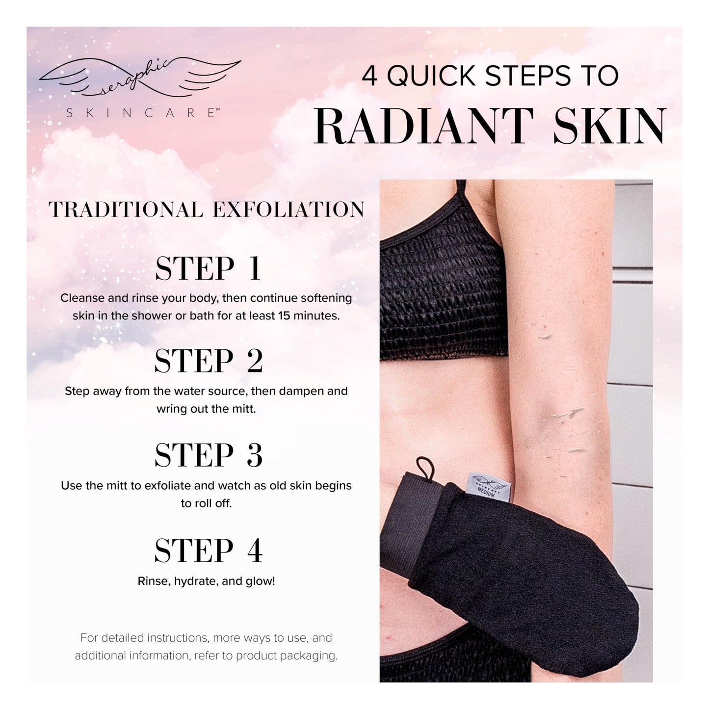 Seraphic Skincare Premium Exfoliating Mitt for Body, Medium – Viscose Fiber Korean Exfoliating Glove for Normal to Dry Skin – Body Exfoliator for Self-Tan Removal and Application