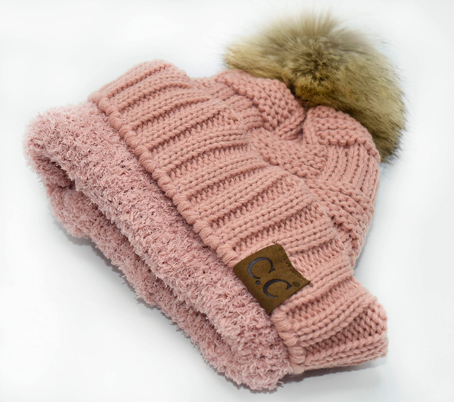 C.C. Beanie Thick Warm Fuzzy Sherpa Fleece Lining Ribbed Knitted Stretch Faux Fur Pom Beanie Hat