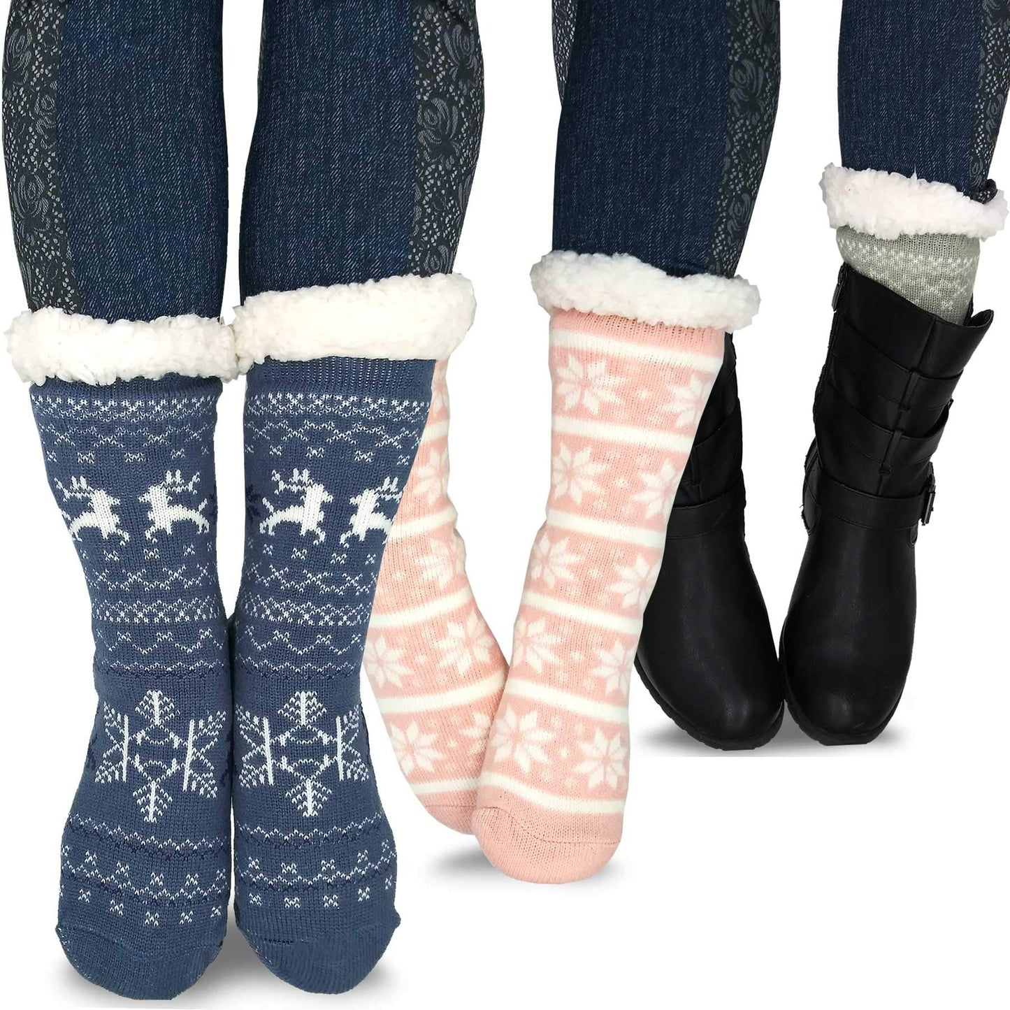Thick Winter Warm Heat Double Layer Thermal Crew Women's Socks 3 Pairs Deer Snowflake Pattern Pink Blue Grey 9-11 Non-Slip Bottoms