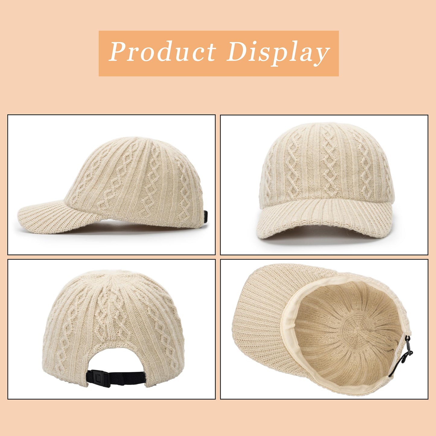 INOGIH Women's Winter Knit Visor Hat Beanie Hat Knitted Baseball Cap Ski Hat for Men Teens Beige