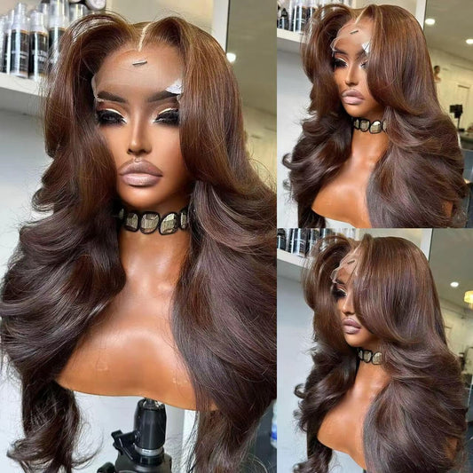 200 Density 13X6 Chocolate Brown Body Wave Lace Front Wigs Human Hair 13x6 HD Transparent Lace Front Wigs For Women Auburn Brown Colored with Baby Hair Glueless Wigs Human Hair Full And Thick 18Inch