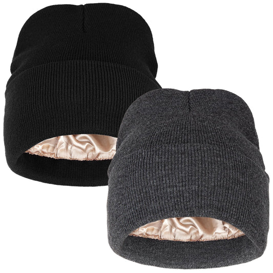 2 Pack Satin Lined Winter Beanie for Women Men Knitted Cuffed Silk Lined Skull Hat (US, Alpha, One Size, Black+Grey)