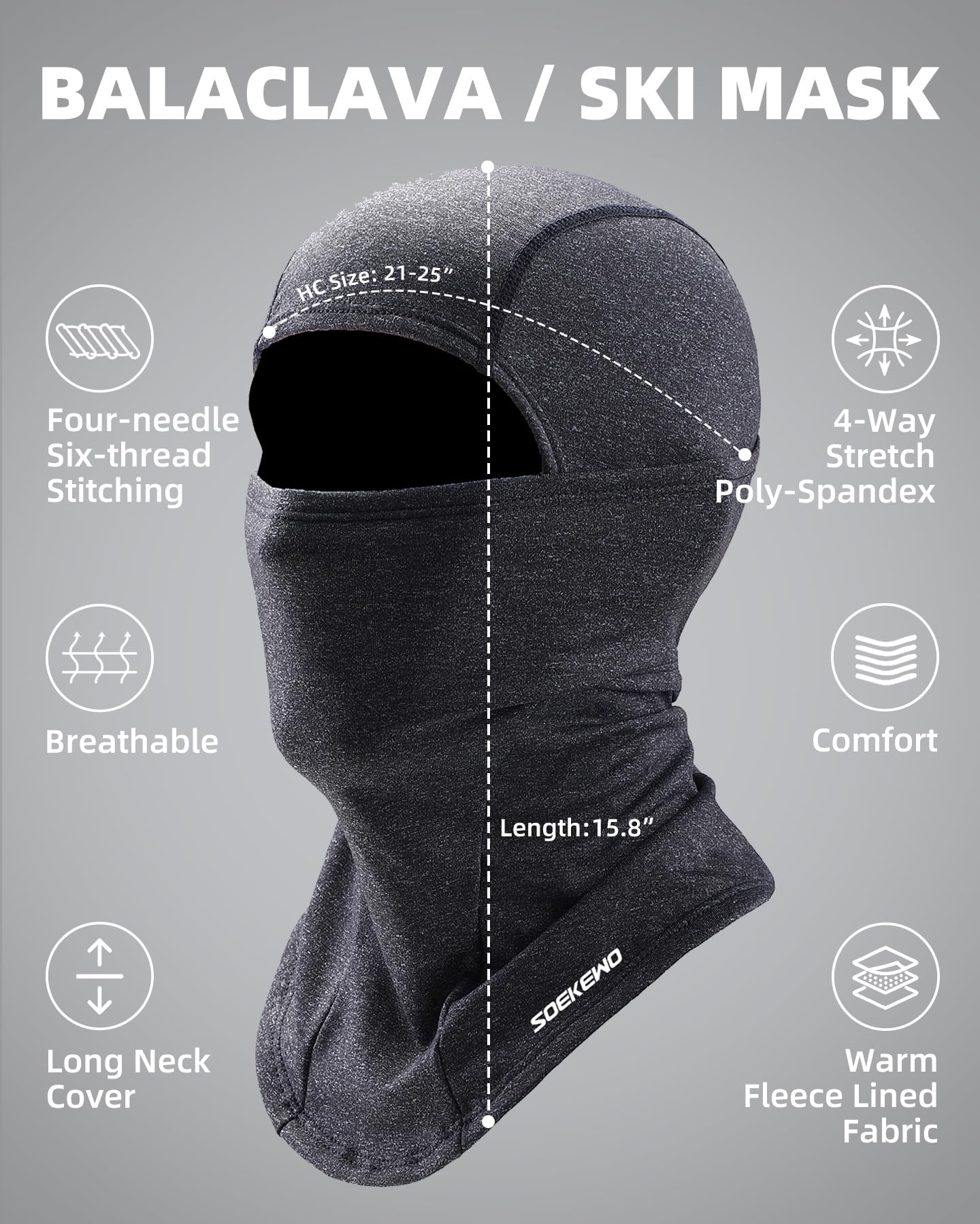 SoeKewo Balaclava Winter Ski Mask Fleece Thermal Face Mask Covering for Cold Weather Skiing Cycling Men Women, Gray