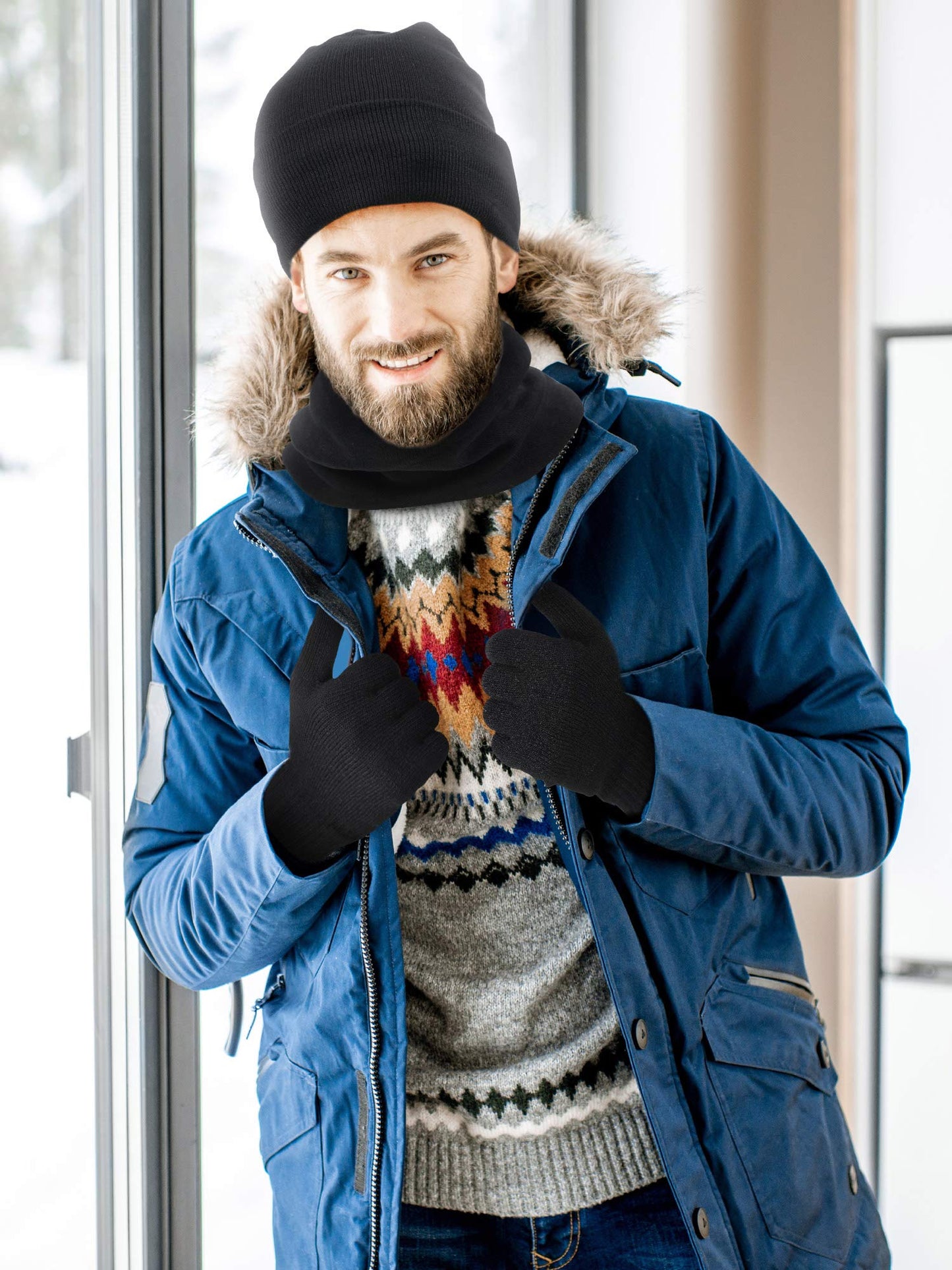 SATINIOR 4 Pack Winter Warm Knitted Set Unisex Beanie Hat Circle Loop Scarf Touchscreen Gloves and Earmuffs (Black), Medium