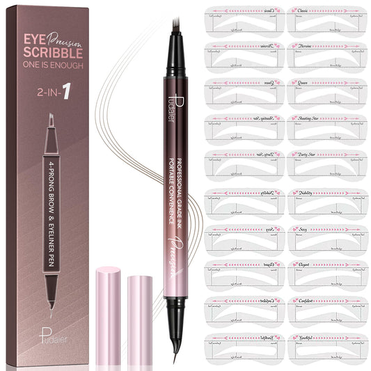 Eyebrow Pen kit,2-in-1 Dual Ended Microblading Eyebrow Pen & 20 Eyebrow Stamp,Waterproof 4-Fork-Tip & Precise Brush-Tip for Natural Hair-Like Brows, for Perfect Eyebrows Makeup.