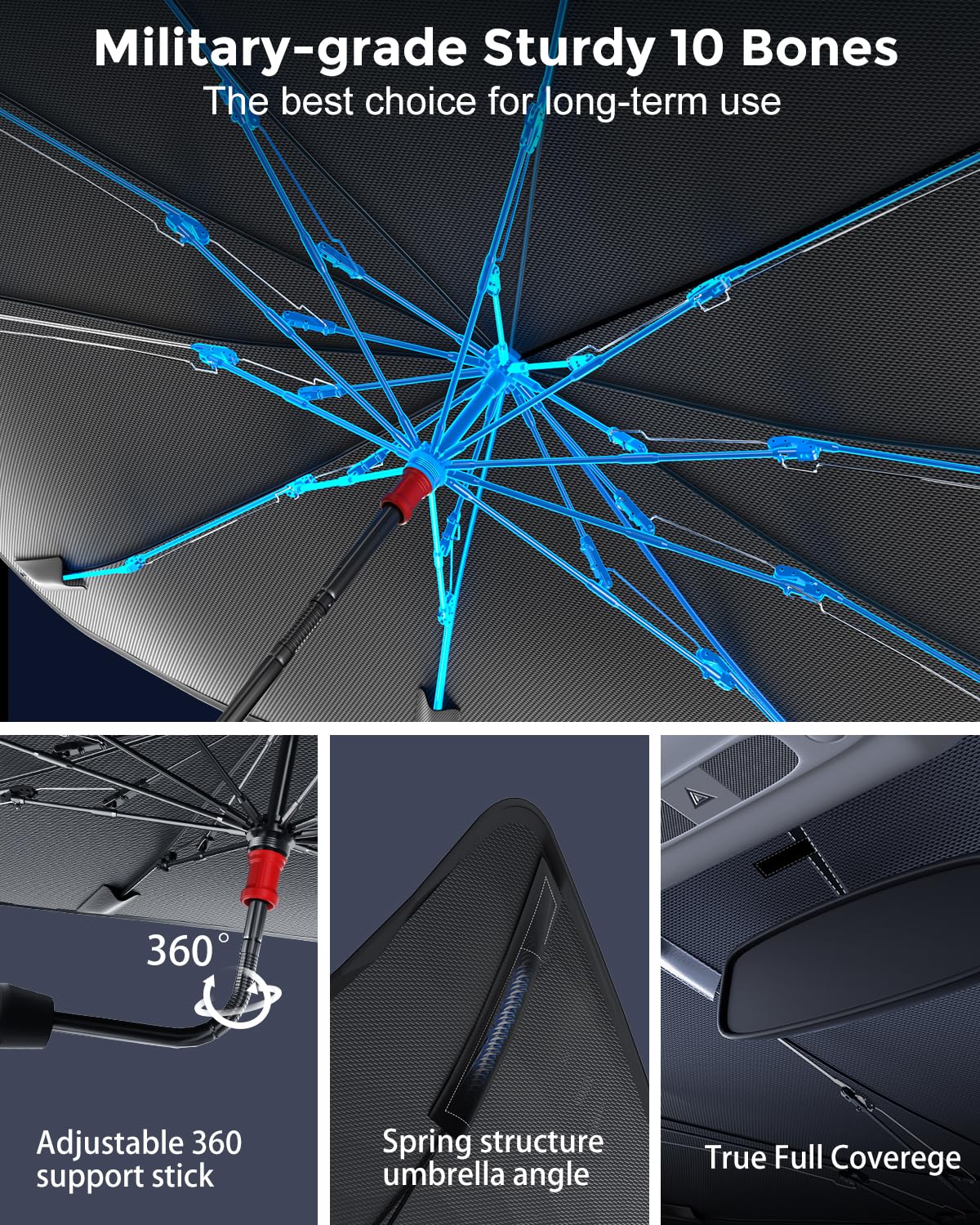 [2025 Updated] Bolamp Car Windshield Sun Shade, [Effective Keep Cool] Spring Structure Umbrella Sunshade for Automobile Windshield, Protect Cars Interior from Sun Rays, Heat Damage - Medium