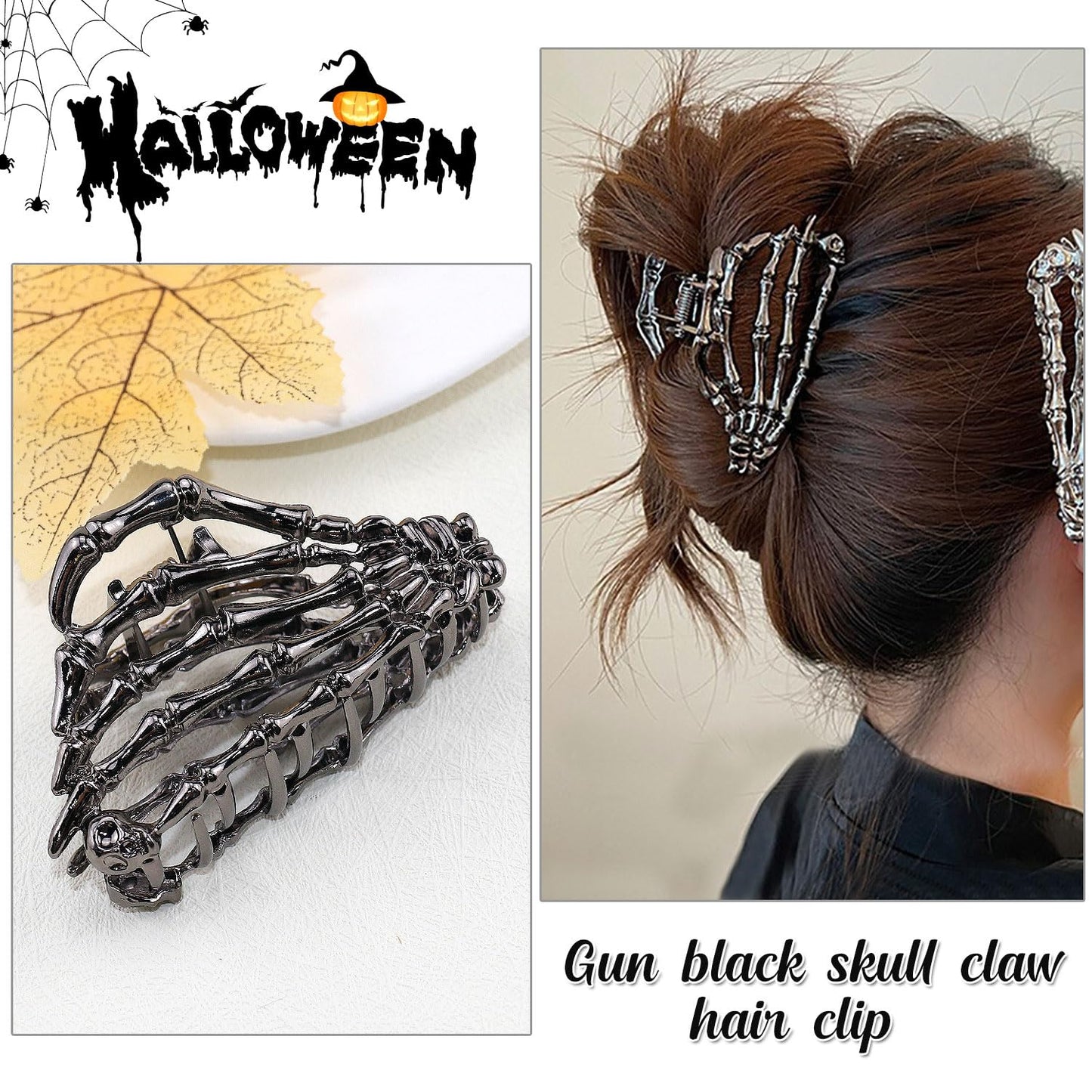 Muumoo Metal Skull Hand Hair Clip, 1Pcs Gunmetal Hair Claw Clip for Thin Hair Punk & Y2K-Style