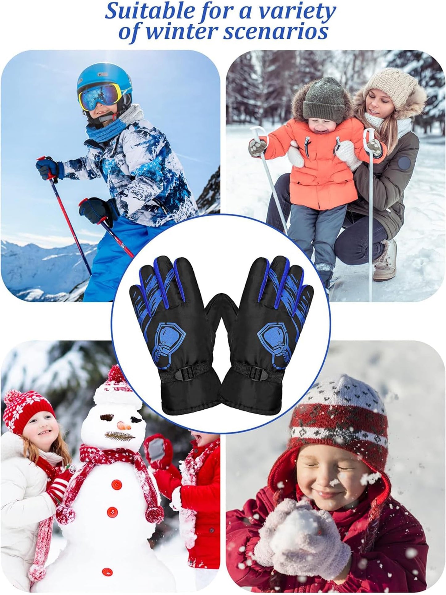 Yaomiao 4 Pairs Kids Winter Long Gloves Waterproof Children Long Cuff Snow Mittens Gloves Windproof Ski Gloves for Outdoor (Red, Green, Blue, White,6-10 Years)