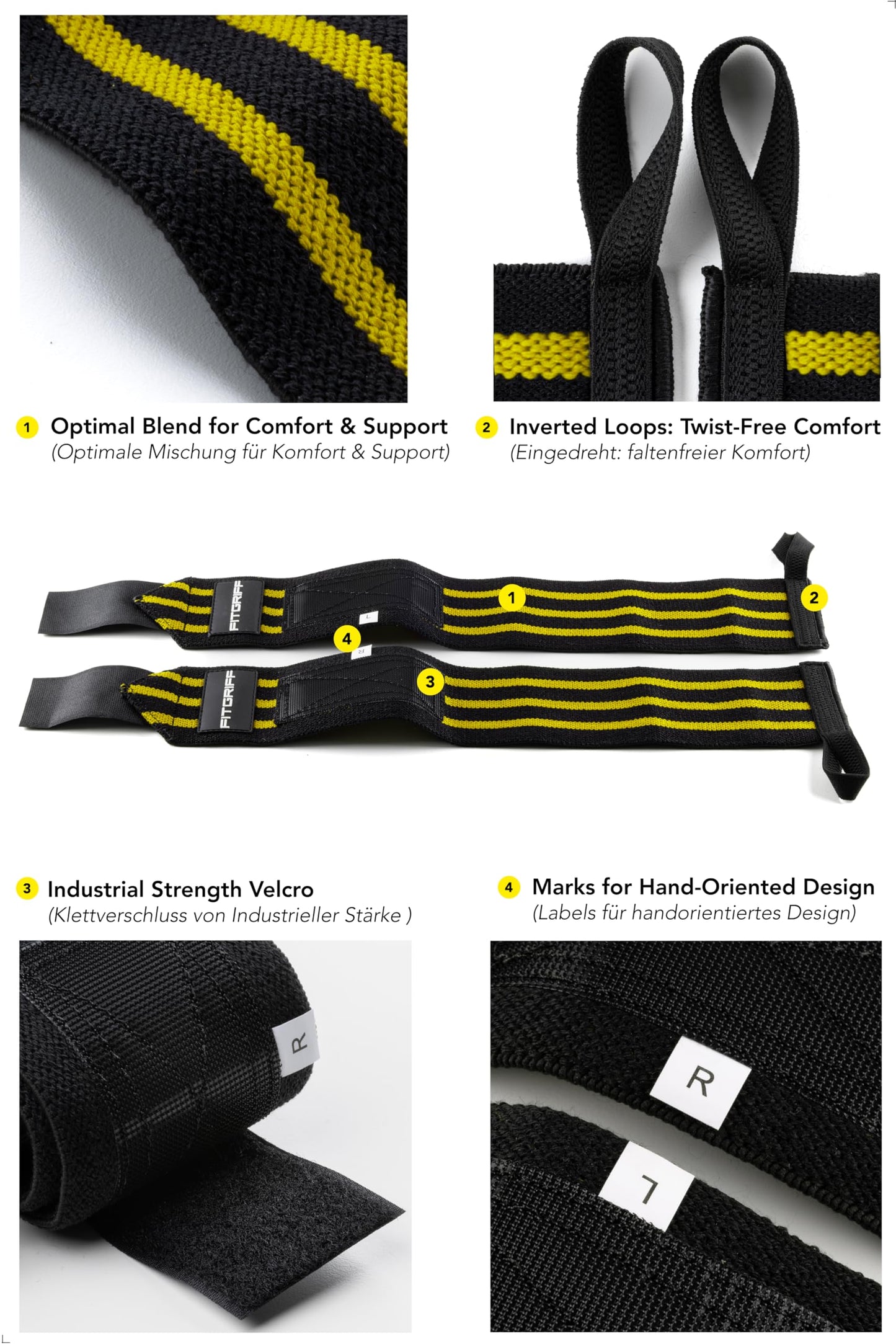 Fitgriff® Wrist Wraps for Weightlifting (18") Heavy-Duty Support for Gym, Bench Press, and Pushups (1 Pair) - for Men and Women (Black/Yellow)