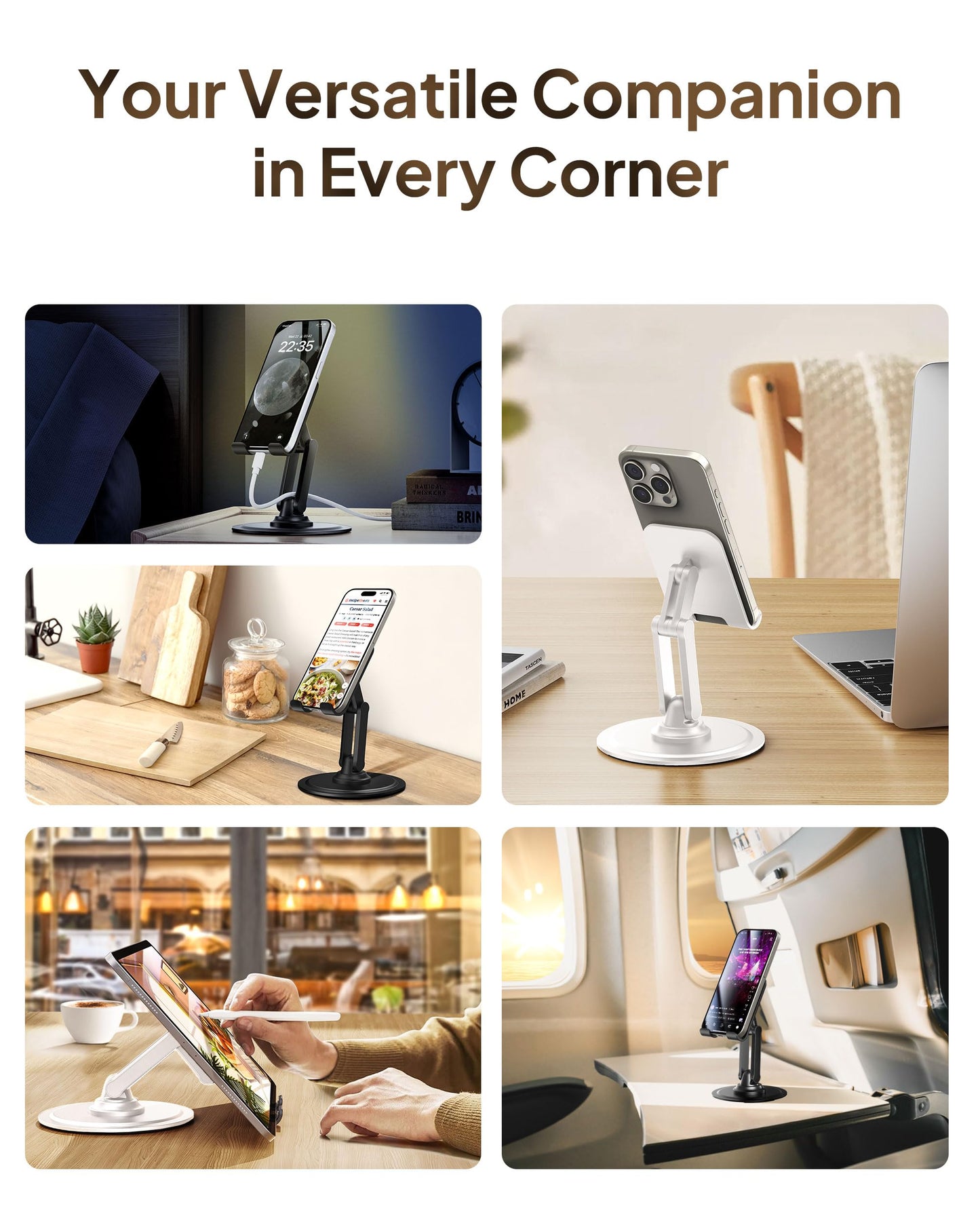 COOPER 360° Stand, Rotating Cell Phone Stand for Desk | Sturdy Metal Base, Foldable, Portable | Cell Phone Holder for Desk (Piano Black)