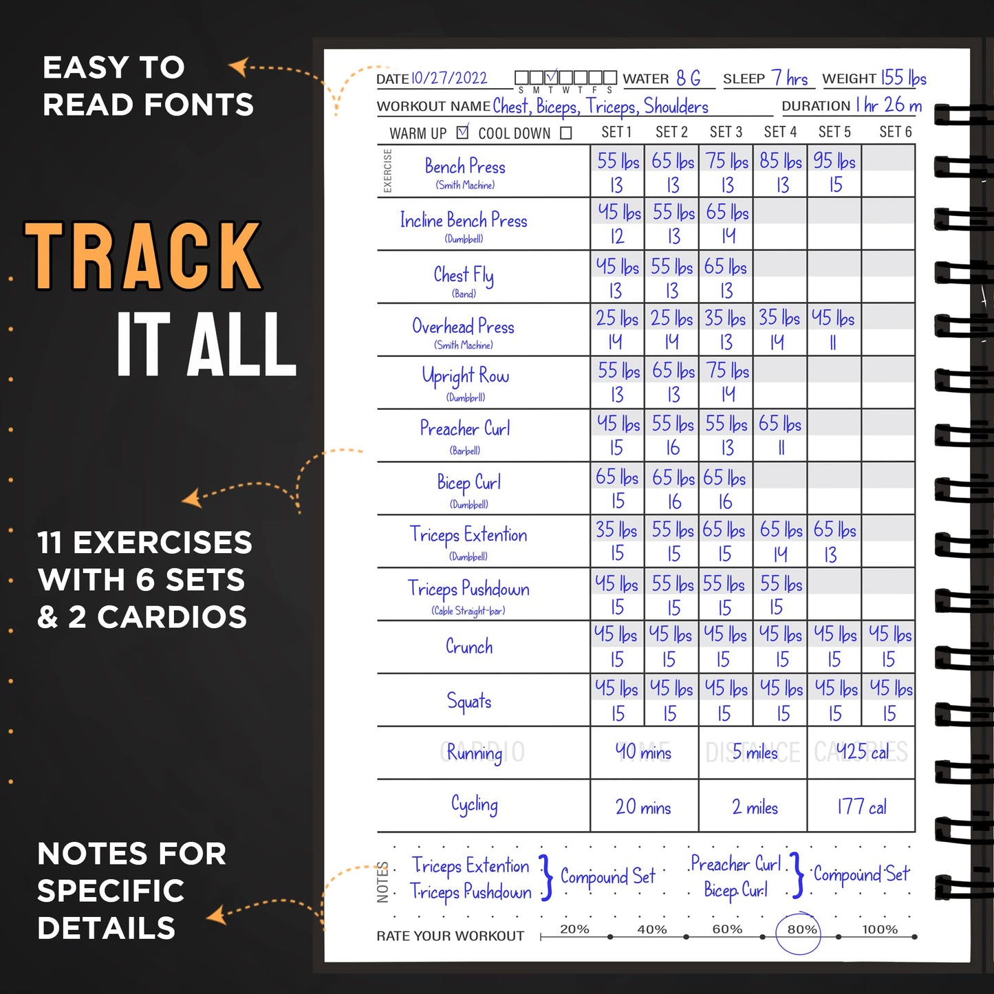 Hardcover Fitness Journal Workout Planner for Men & Women - A5(5.7" x 8.3") Sturdy Workout Log Book to Track Gym & Home Workouts - Green