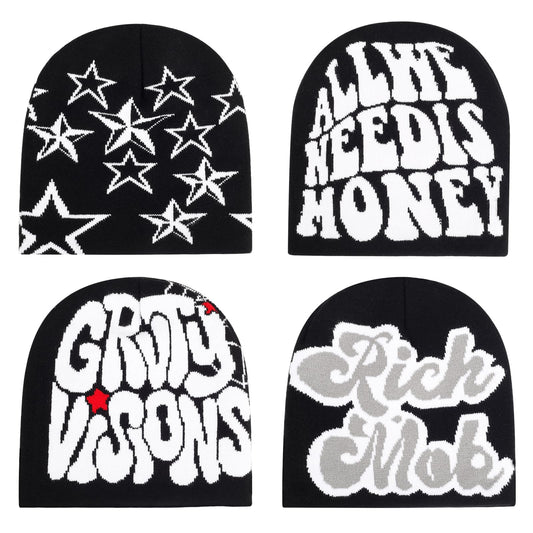 Qlauca 4Pcs Y2k Beanie Winter Knitted Graphic Beanie Warm Y2k Hat for Women Men