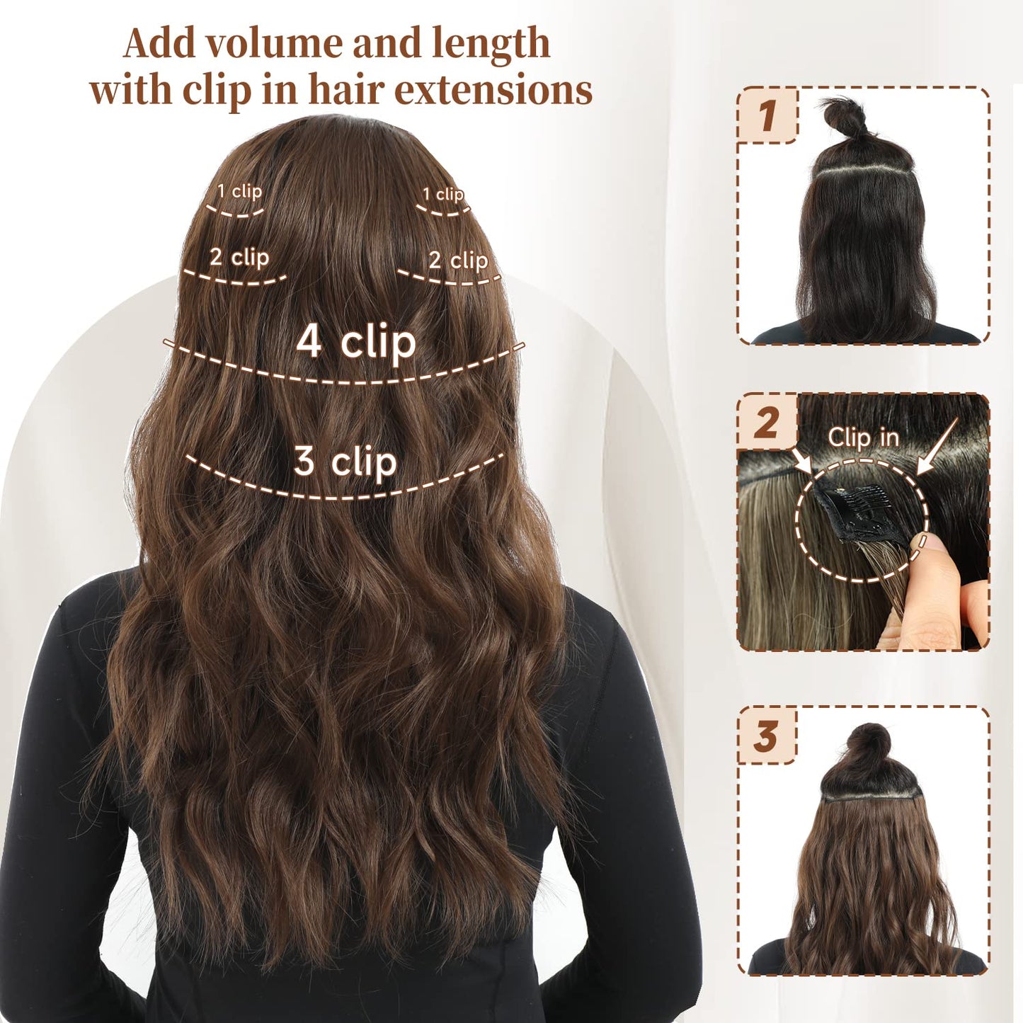 Fliace Clip in Hair Extensions, 6 PCS Natural & Soft Hair & Blends Well Hair Extensions, Lonng Wavy Hairpieces(20inch, 6pcs,Biscuit Brown)