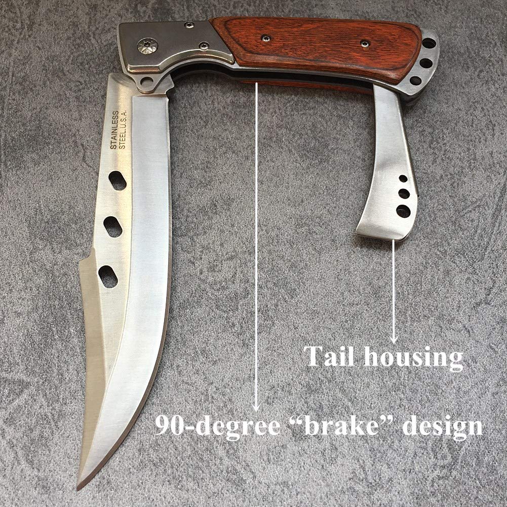 XHM Awesome Folding Knife Large 10.8-inch, Pocket Knives for Men, Hunting, Camping, Fishing, Survival, Hiking, Self Defense, Wood Handle (with Nylon Sheath)