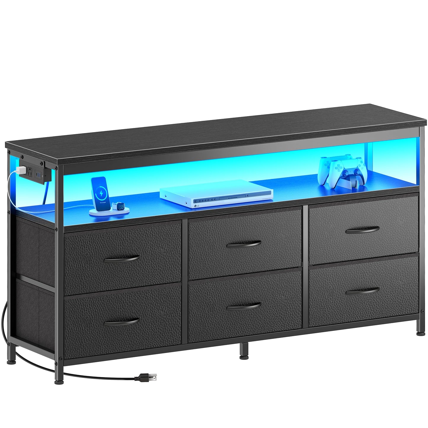 Huuger LED TV Stand for Bedroom, 47 Inch Dresser TV Stand for 43, 50, 55 Inch TV, Black TV Stand with Storage, Entertainment Center with Power Outlets, 6 Drawer Fabric Dresser for Living Room