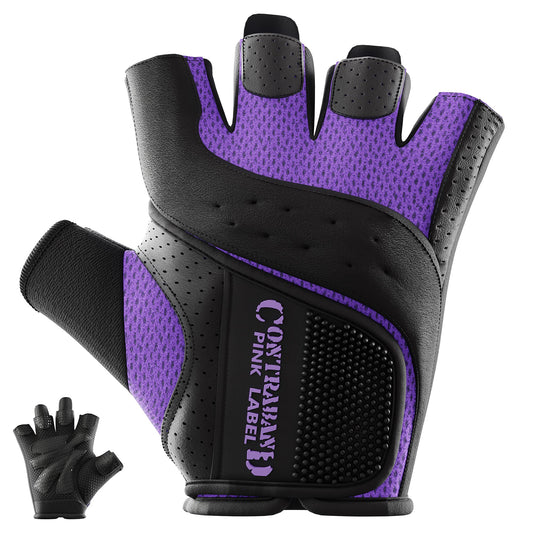 Contraband Pink Label 5137 Women's Padded Weight Lifting and Rowing Gloves w/Grip-Lock Padding (Pair) - Machine Washable Fingerless Workout Gloves Designed Specifically for Women (Purple, X-Small)