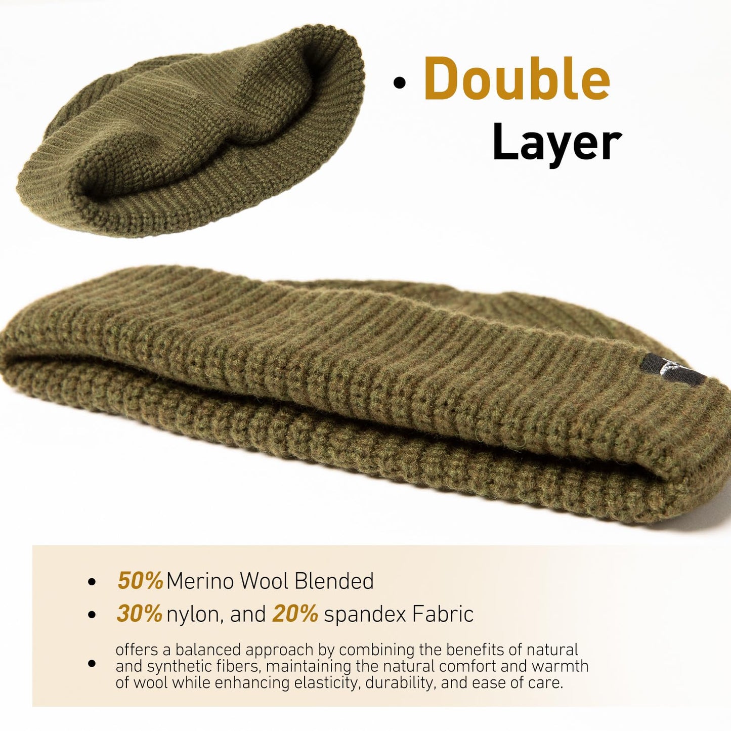 Army Green Oversize M/L Winter Short Fisherman Beanie Merino Wool Blend Knit Skull Cap Warm Hat for Large Big Head Mens Womens Cold Weather