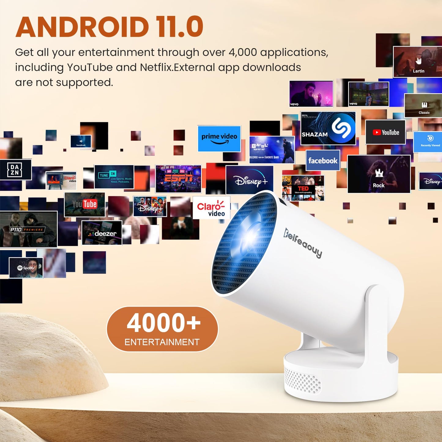 Mini Projector 4K with WiFi Bluetooth 5.4 - Smart Portable Projector for Bedroom & Home Cinema, Netflix Certified, Auto Keystone, Android 11, Voice Control, Air Mouse Remote (HY300Ultra)