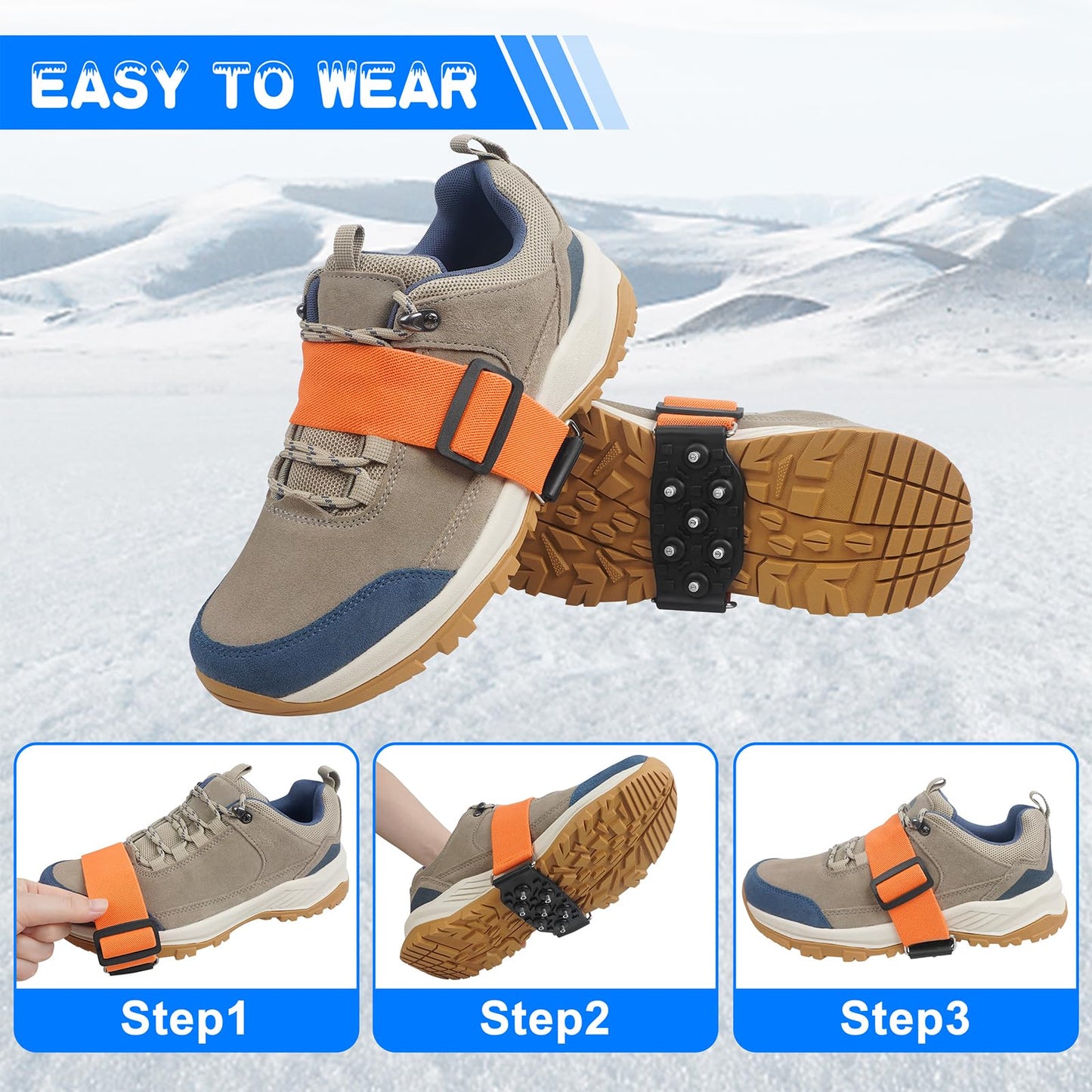 Ice Cleats Mid-Sole Snow Traction Cleats Crampons Anti Slip Snow Cleats for Shoes and Boots 7 Tungsten Studs Snow Grippers with Adjustable Straps Winter Walking on Snow and Ice(M- 2 Pairs)