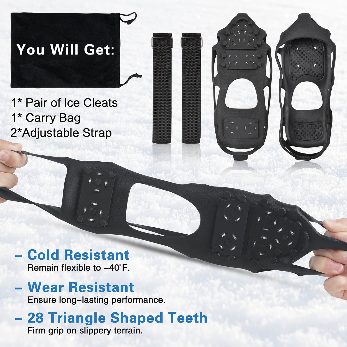 Ice Cleats Snow Traction Cleats,Crampons Ice Cleats for Shoes and Boots Men Women,Non Slip Ice Shoes Grippers Walk Traction Cleats 28 Studs for Snow Ice Hiking Walking Fishing