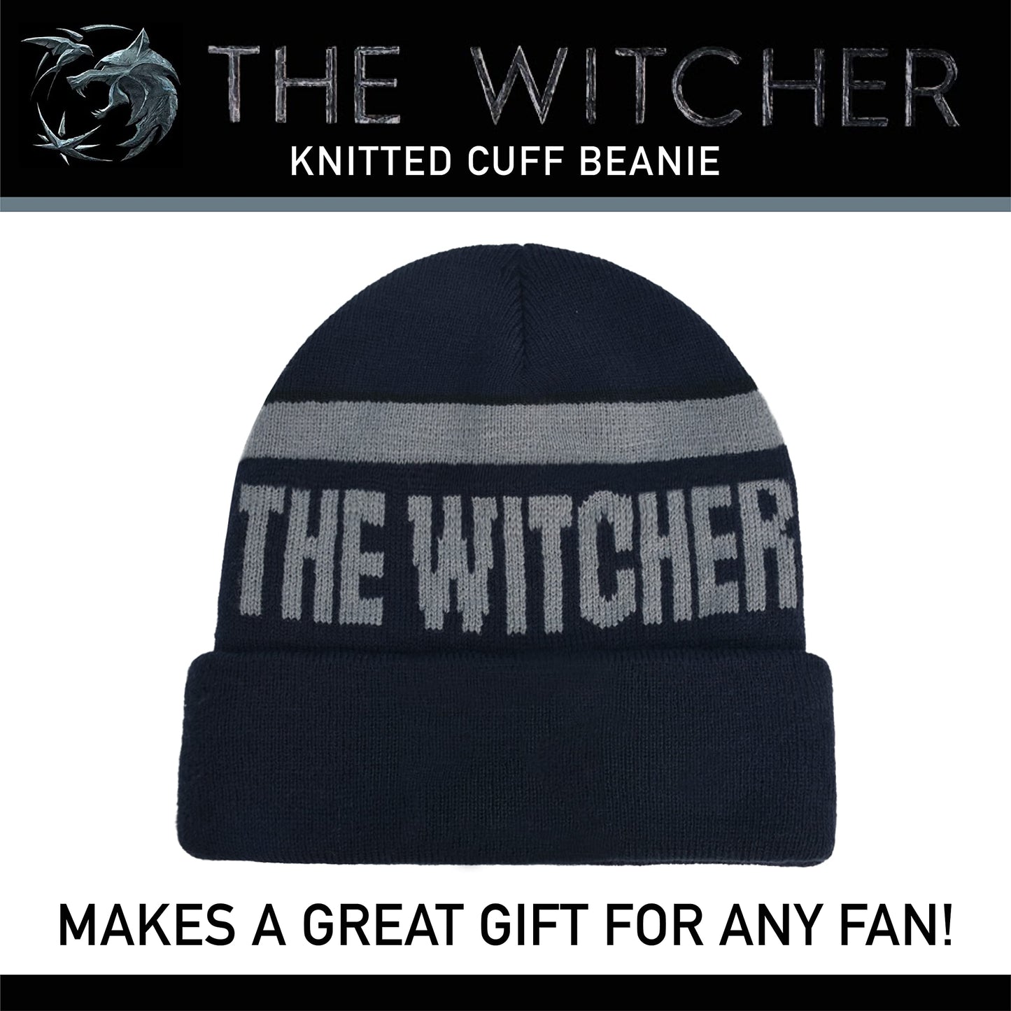Netflix The Witcher Knitted Cuff Beanie Hat with Silver Logo, Black, One Size