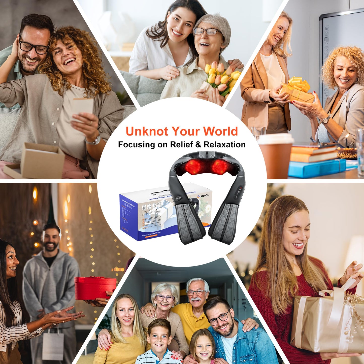 Elomol Cordless Neck Back Massager with Heat - Rechargeable Shiatsu Kneading Shoulder Shawl for Pain Relief Deep Tissue, Long-Lasting Portable Design for Mom Dad Men Women Her Him