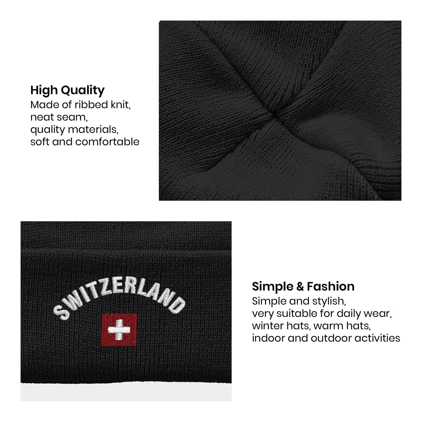 MiAnMiAn Swiss Flag Embroidery Beanie Knit Hats for Men & Women, Embroidery Winter Hats Skull Cap