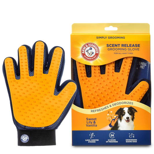 Arm & Hammer “Simply Calm” Dog Grooming Deodorizing Glove with Fragrance Transfer Technology –Scented Silicone Hand Brush for Bathing & Shedding, Sweet Lily & Vanilla Scent