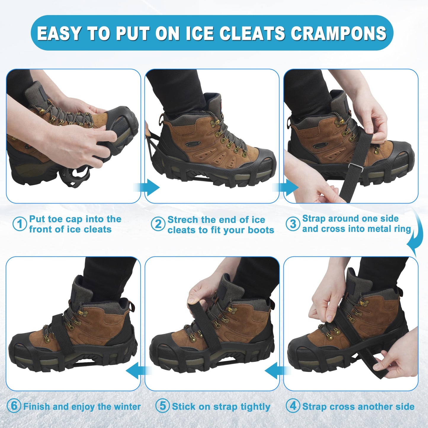 Ice Cleats for Shoes and Boots Snow Traction Cleats Crampons for Walking on Snow and Ice 9 Studs Non-Slip Overshoe Rubber Anti Slip Crampons Slip-on Stretch Footwear Winter Hiking Climbing Ice Fishing