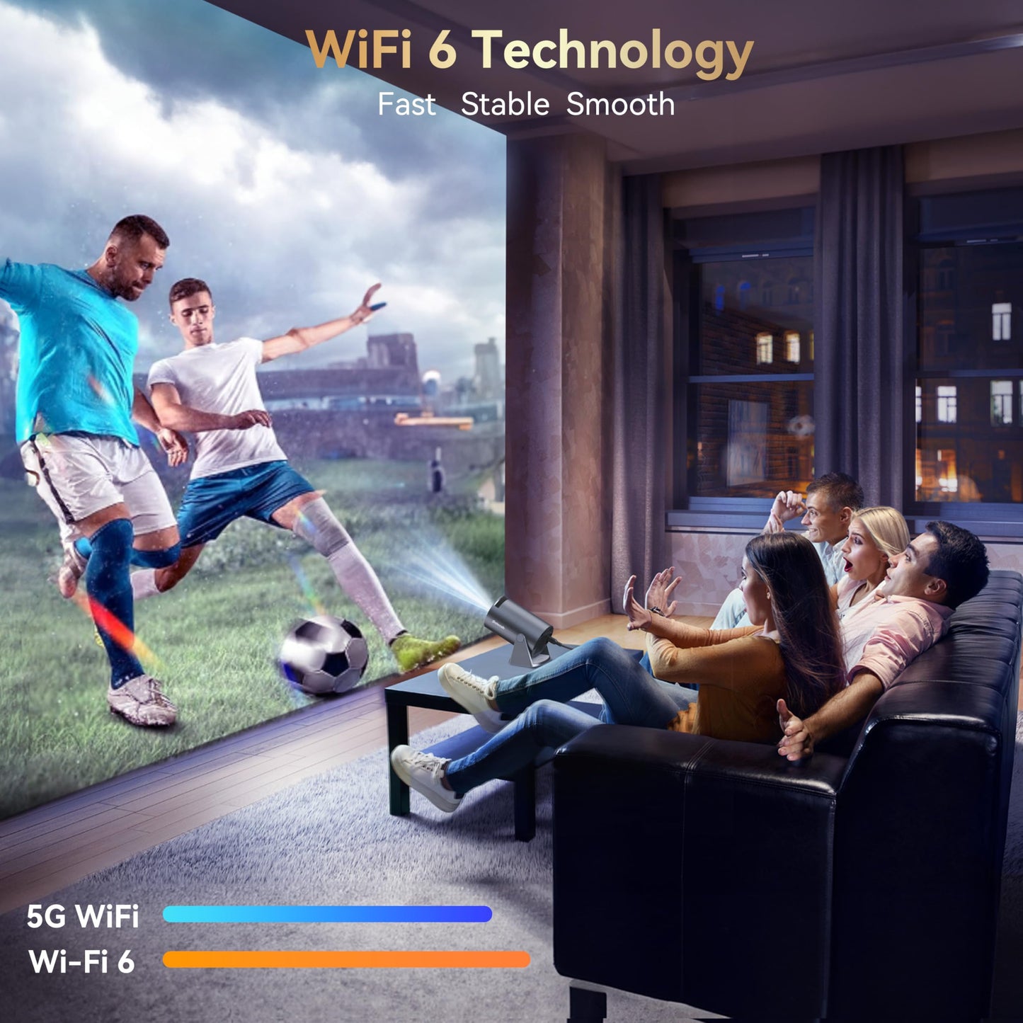 Polocsh Mini Projector Built in Android TV 11.0 Portable Smart Projector with Wifi and Bluetooth 210°Rotatable 1080P Support Short Throw Outdoor Auto Keystone 40''-150'' Screen Home Theater Projector