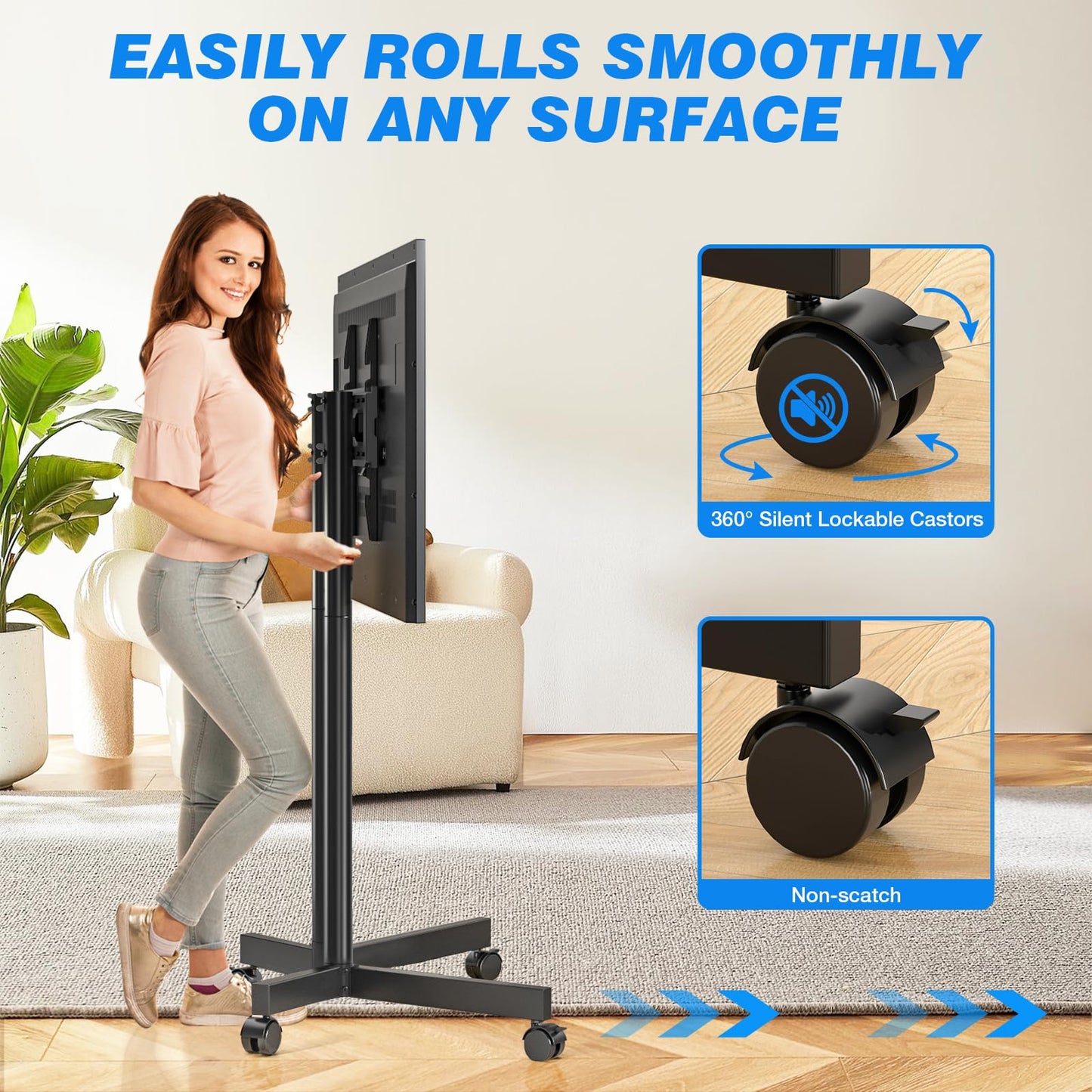 Rfiver Rolling TV Stand for 32-70 Inch TVs, Mobile TV Stand with Upgraded Wheels up to 88lbs, Height Adjustable Mobile TV Cart on Wheel, Portable TV Mount Stand for Bedroom, Living Room, Home, Office