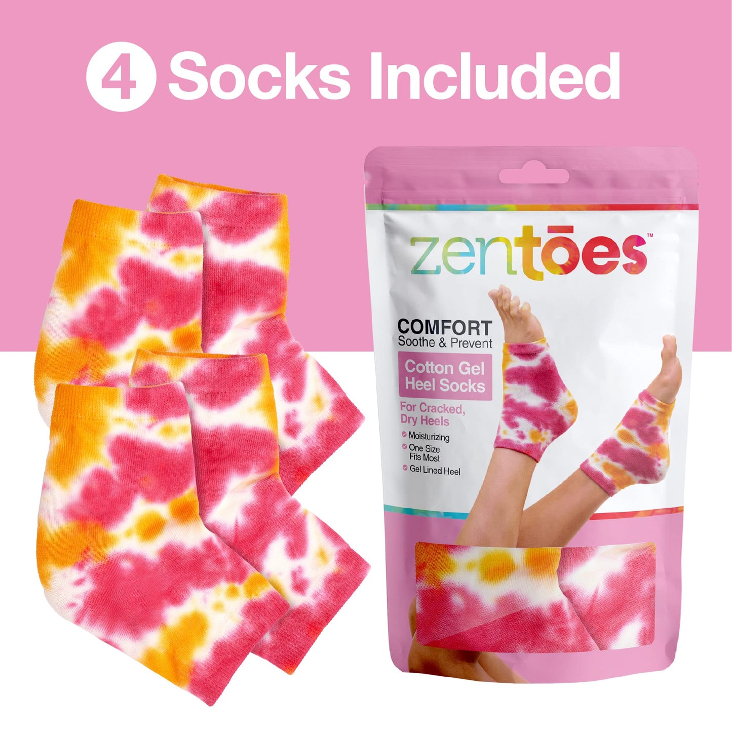 ZenToes Moisturizing Heel Socks 2 Pairs Gel Lined Toeless Spa Socks to Heal and Treat Dry, Cracked Heels While You Sleep (Regular, Pink Tie Dye)