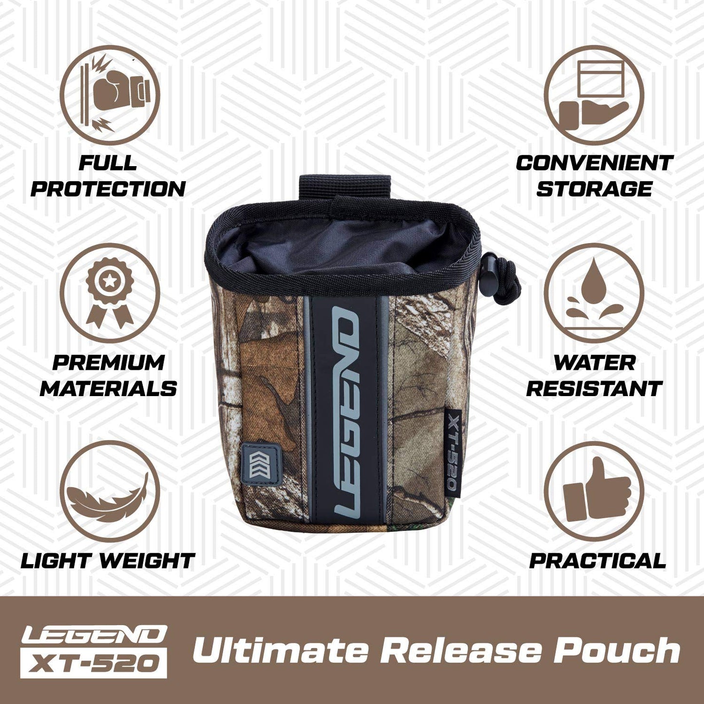 LEGEND - XT520 Quick Release Pouch & Finger Tab Bag (Realtree) | Interior Divider for Better Organization & Storage of Release Aids | Attaches to Standard 2" Belt | Quick Drawstring Closure