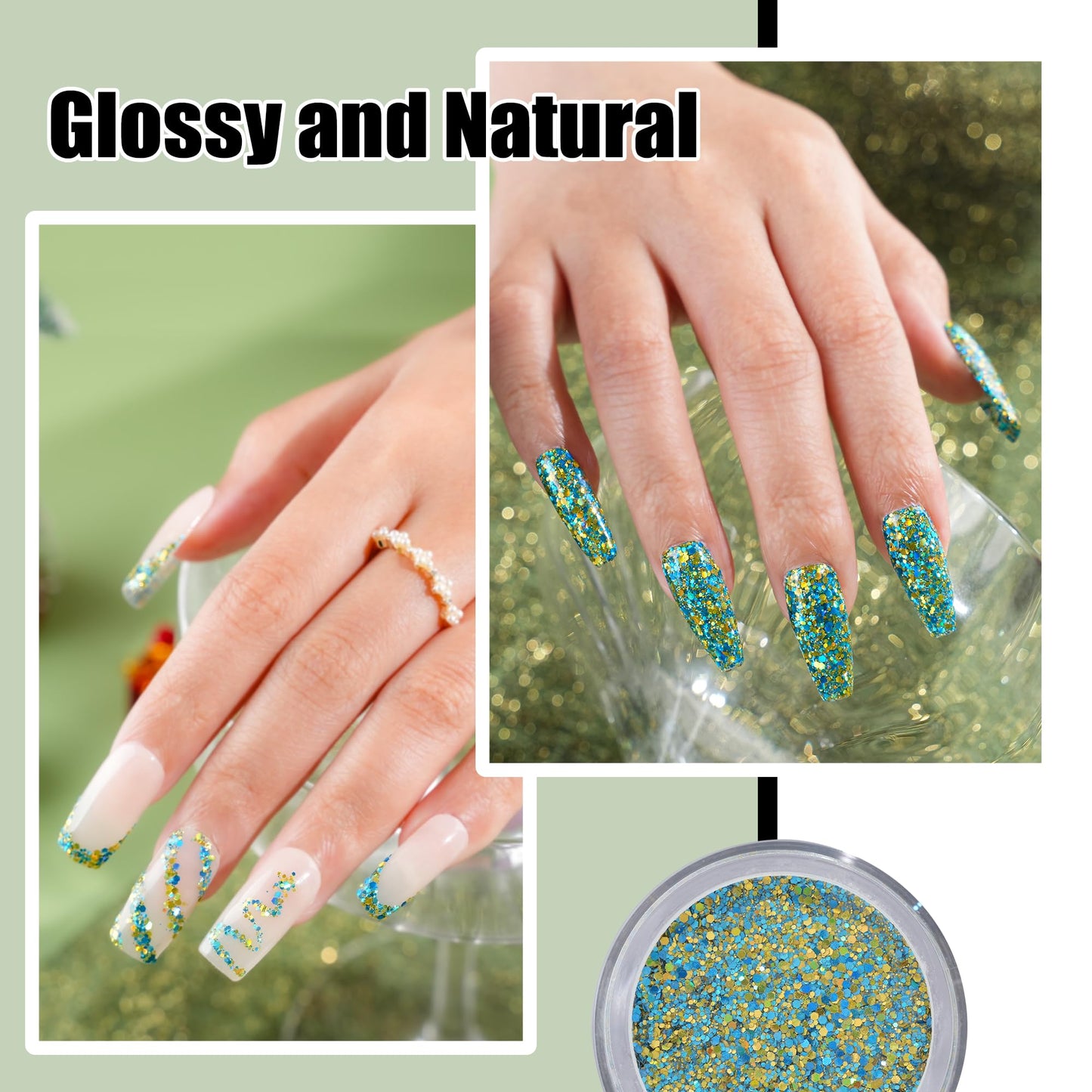 EODCI Dopamine Glitter Green Dip Powder Nail Color, Dip Powder Nail 1 Oz Nail Dipping Powder French Nail Art for Starter Manicure Salon DIY at Home, Fall Winter Dip Powder Colors Long Lasting