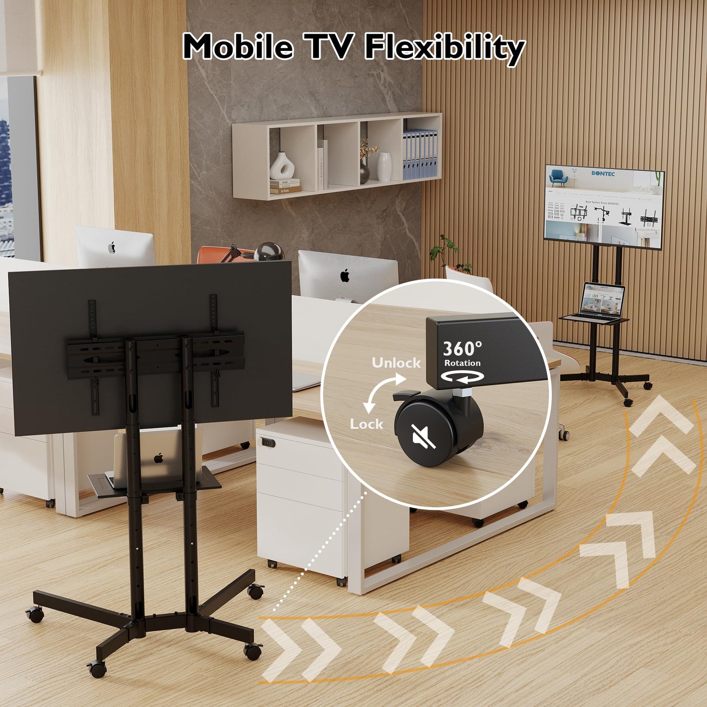 BONTEC Mobile TV Stand for 32 to 85 inch Screens up to 121 lbs, LED LCD OLED Plasma 4K Smart Flat and Curved Panels, Rolling Stand with Laptop Shelf, Locking Wheels, Max VESA 600x400mm, Black