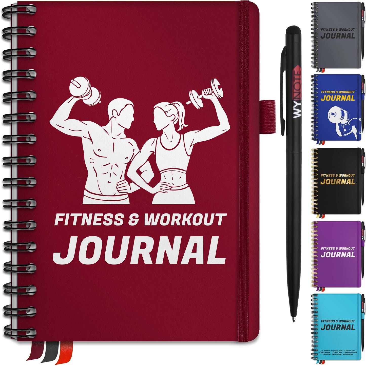Fitness Journal Burgundy on 150+ Workouts + Yearly Calendar + 55 Tracking Values - A5 Workout Journal with Fat tracking - Planner to 12 items to track + 7 comparative periods + Goals