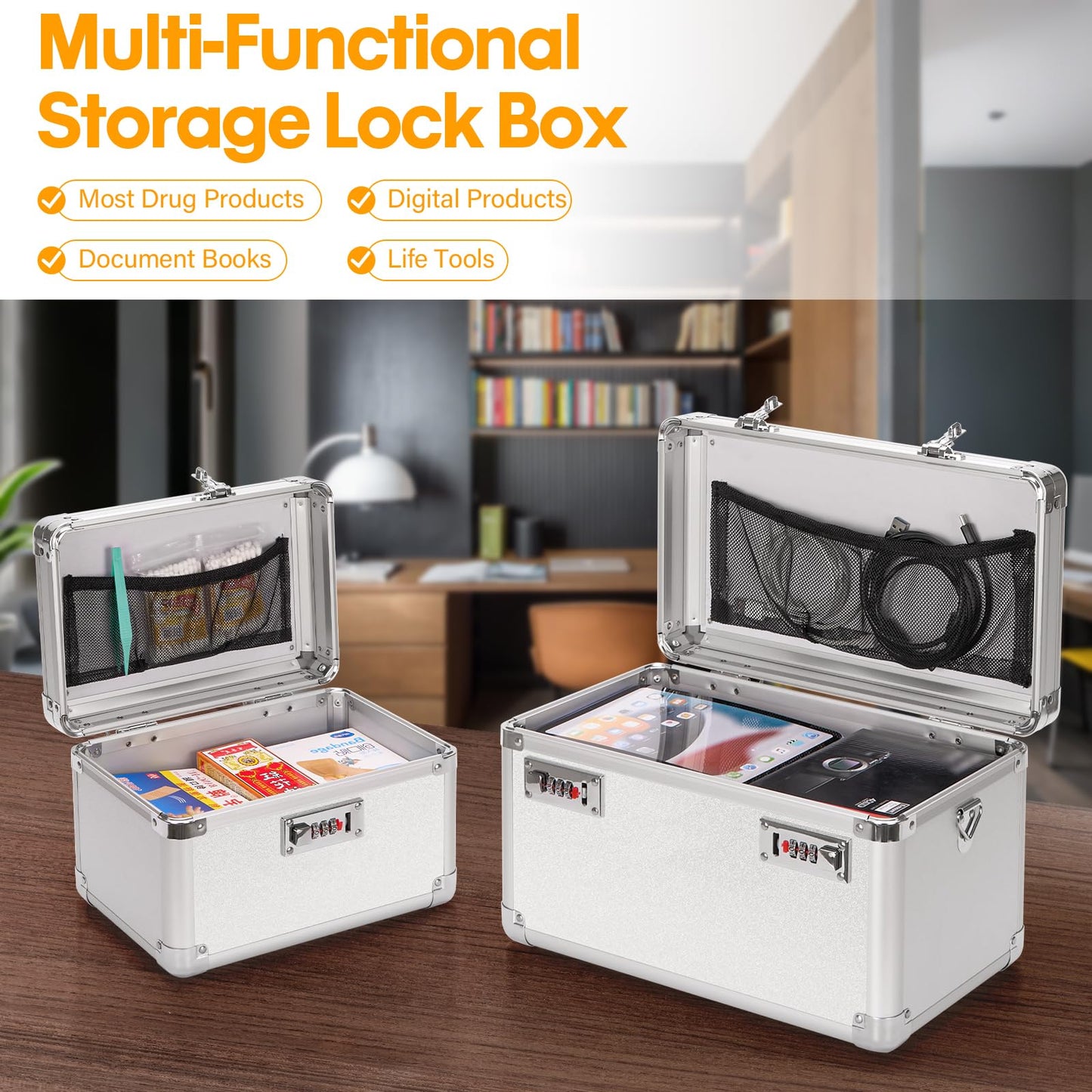 Vilcjson Combination Lock Box - 10.2x6.7x6.9 Inch - Security Lock Boxes for Medicine, Locking Storage Box for Personal Items Passports and Documents, Lockable Lockbox for Office Business, Silver